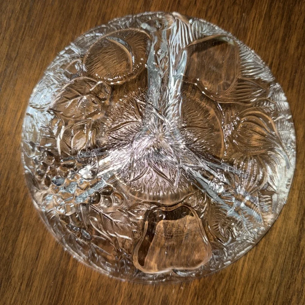 Vintage KIG Indonesia 3 Part DIVIDED RELISH DISH Fruit Clear Glass Round Platter